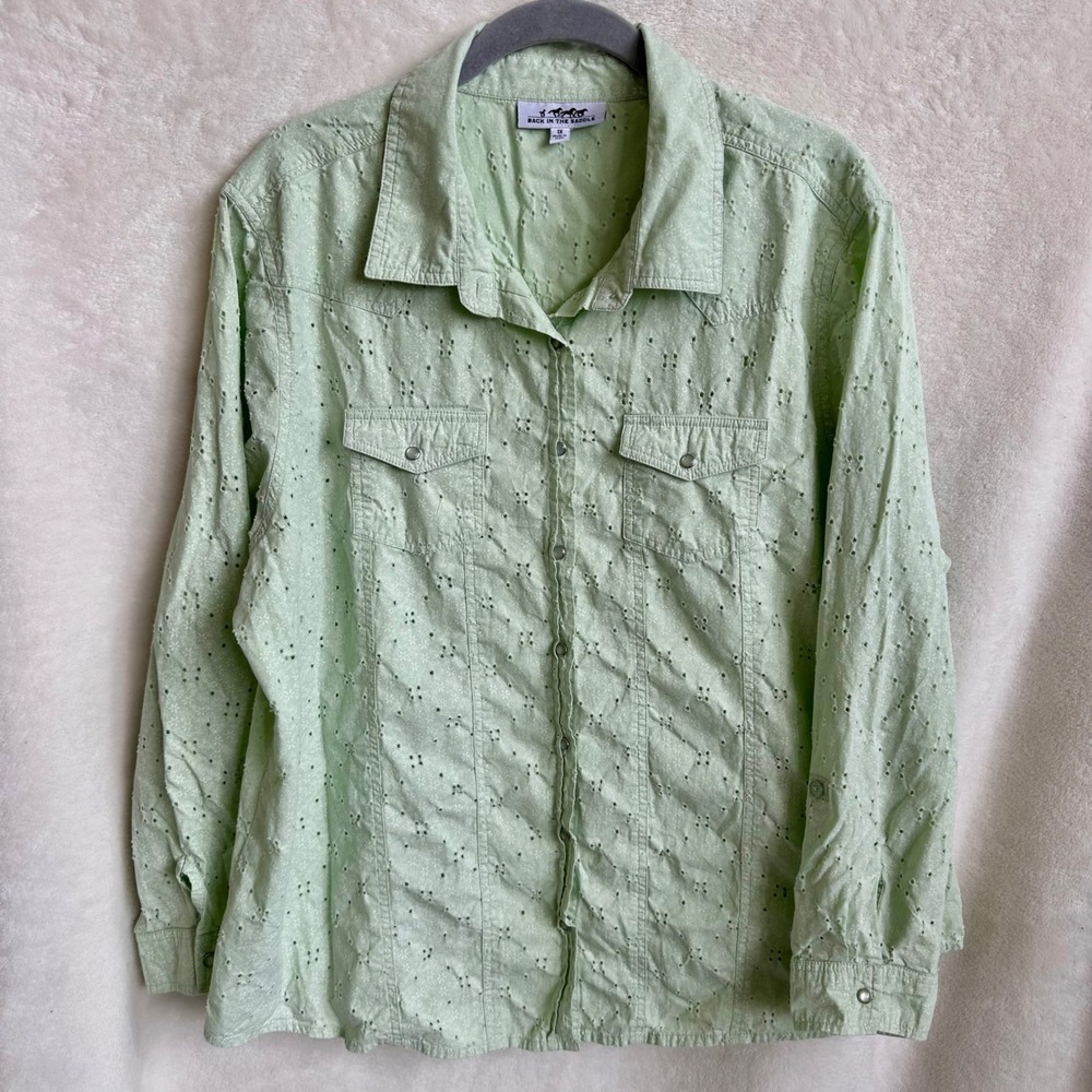 Back in the Saddle Mint Green Eyelet Cotton Snap Button Shirt Top Plus 1X